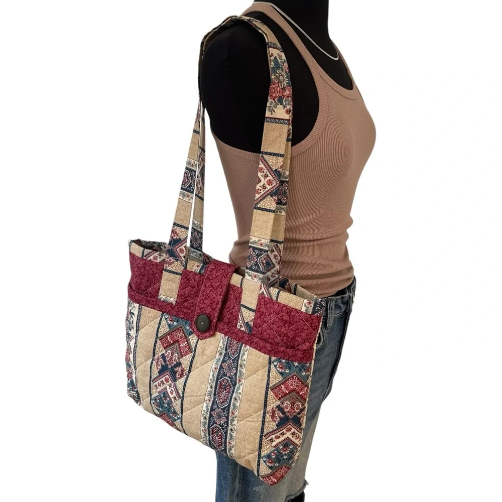 Vintage 90s handmade quilted floral stripe tote bag pink blue cream